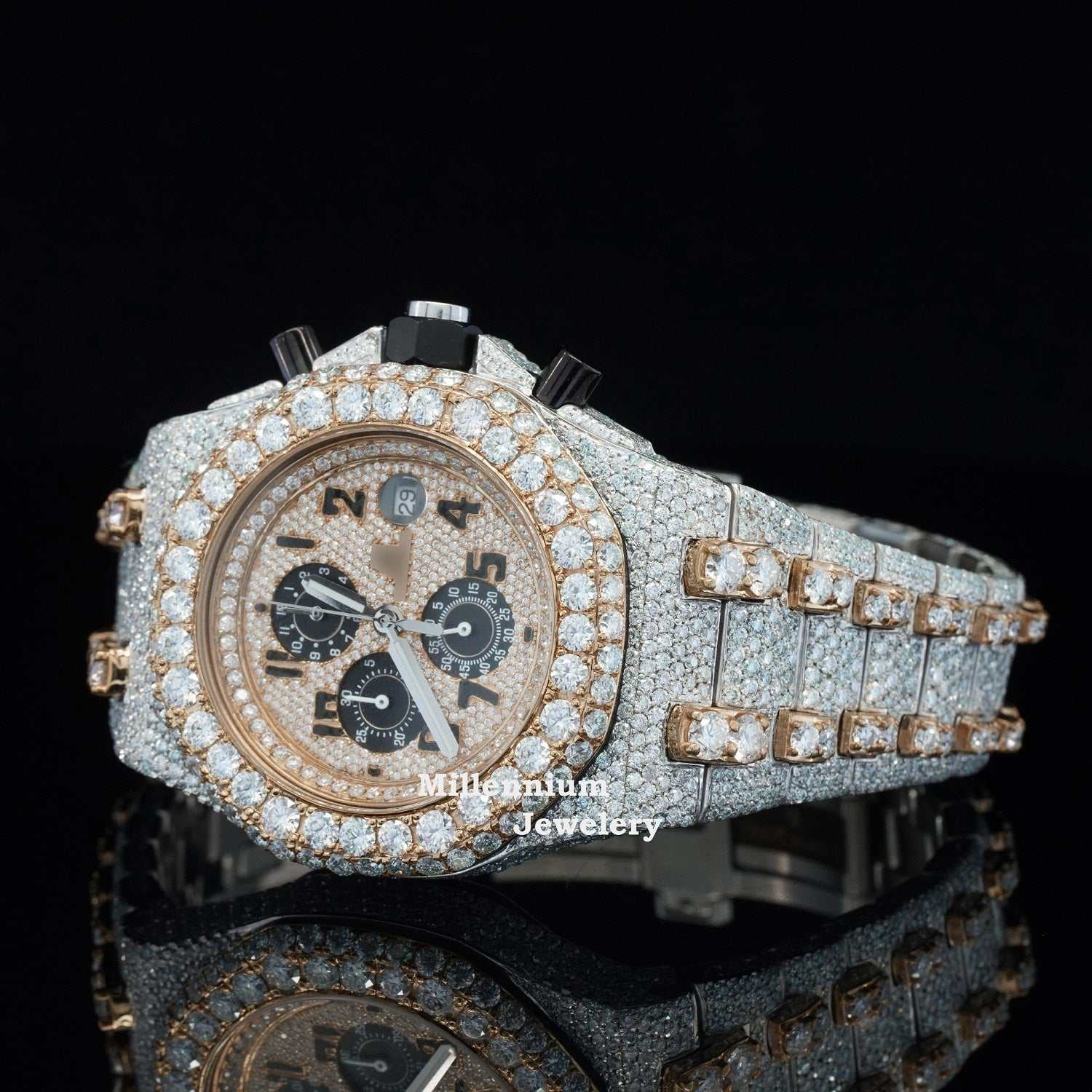 Uniquely Crafted Two Tone Fully Iced Out Automatic Moissanite Watch Second