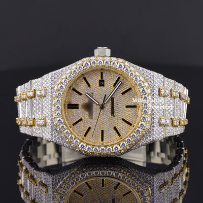 Dashing Two Color Completely Diamond Iced Out Moissanite Watch Yellow