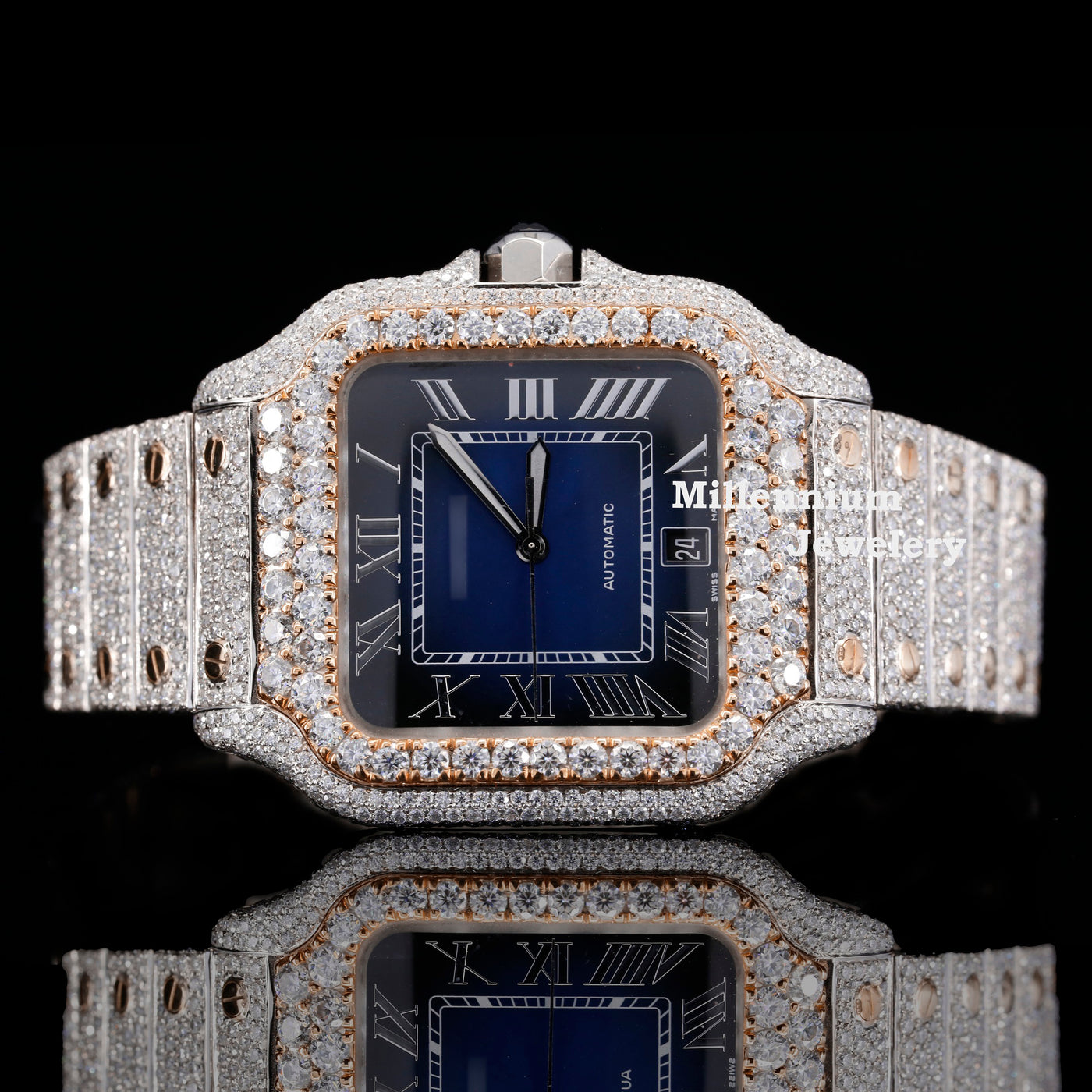 Roman Blue Dial Full Iced Out Moissanite Diamond Automatic Watch Sixth