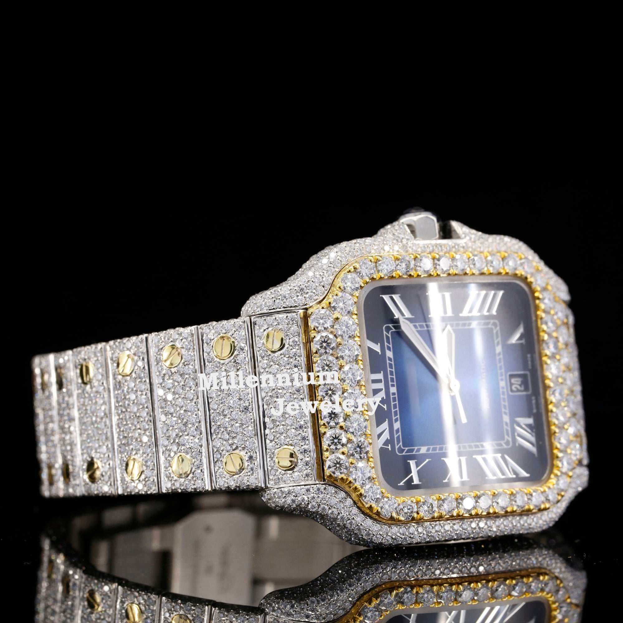 Roman Blue Dial Full Iced Out Automatic Moissanite Watch Second