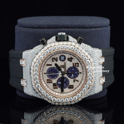 Luxury Moissanite Iced Out Watch For Rapper Automatic Rubber Belt With Rose Gold Color Fifth