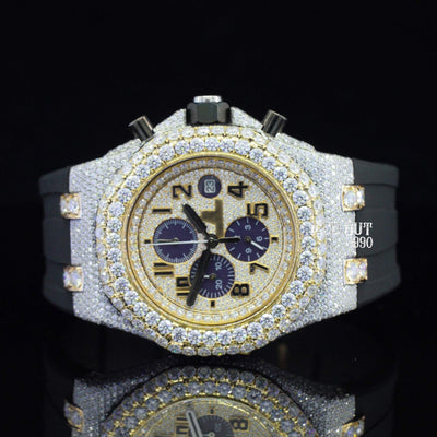 Luxury Moissanite Iced Out Watch For Rapper Automatic Rubber Belt With Gold Color Yellow