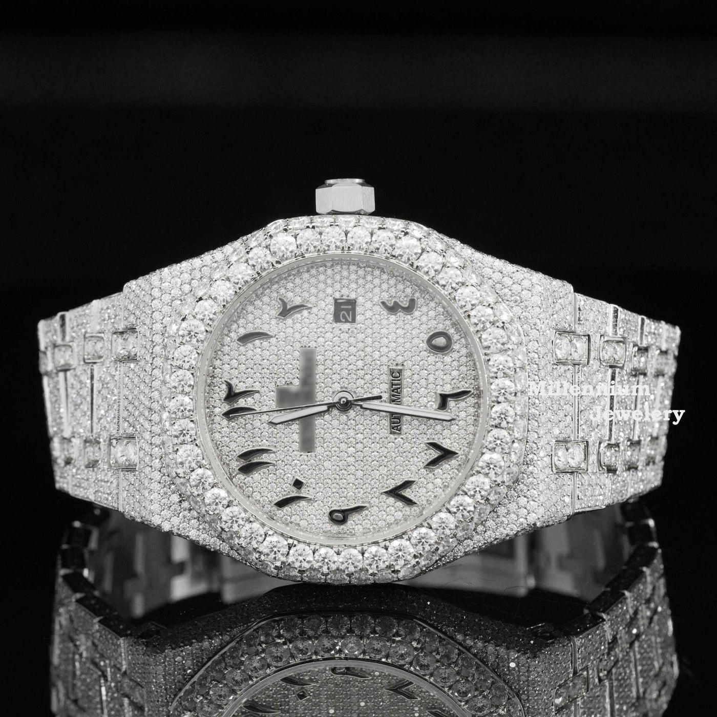 Luxuries Moissanite Iced Out Arabic Numericals Automatic Watch White