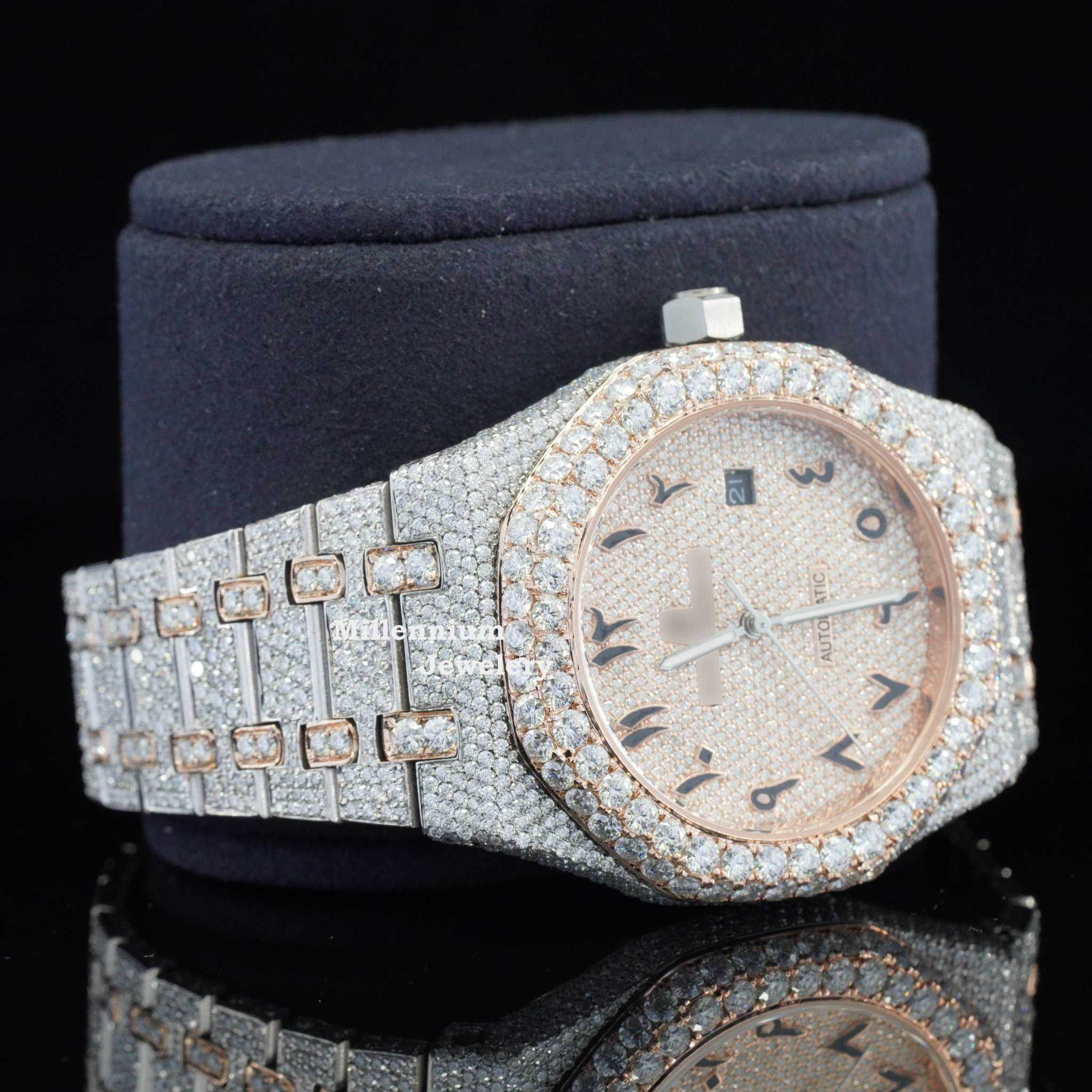Luxury Moissanite Watch Iced Out Arabic Numericals Automatic Movement Second