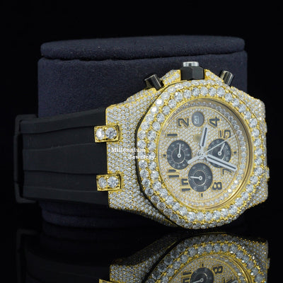 Iced Out Moissanite Rubber Belt Chronograph Wrist Automatic Watch Second