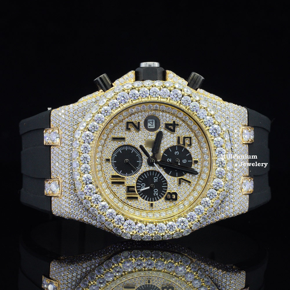 Luxuries Iced Out Moissanite Chronograph Black Dial Hip Hop Watch Yellow