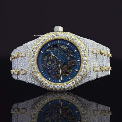 Fashionable Moissanite Watch Diamond Iced Out Automatic Movement Yellow