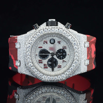 Iced Out Red Belt Chronograph Automatic Wrist Moissanite Watch Red Strap 