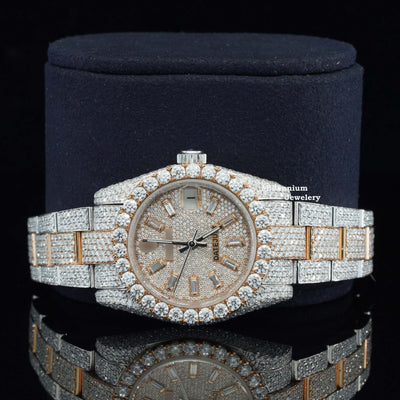 Moissanite Diamond Two Color Tone Iced Out Automatic Watch With Rose Gold Color Dial