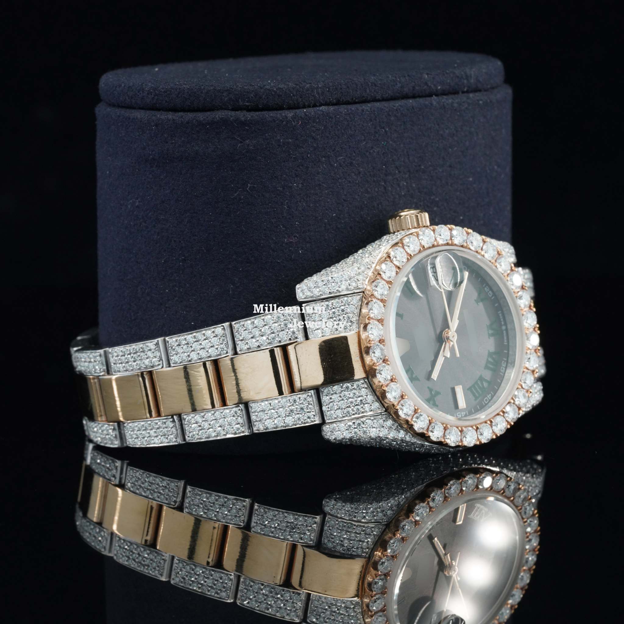 Fantastic Black Dial Iced Out Moissanite Watch Automatic Two Tone Watch For Women Second