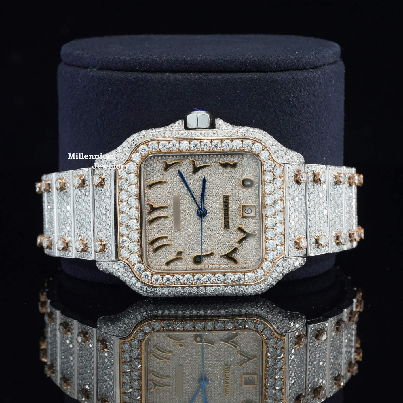 Arabian Number Iced Out Automatic Moissanite Diamond Watch With Rose Gold Color