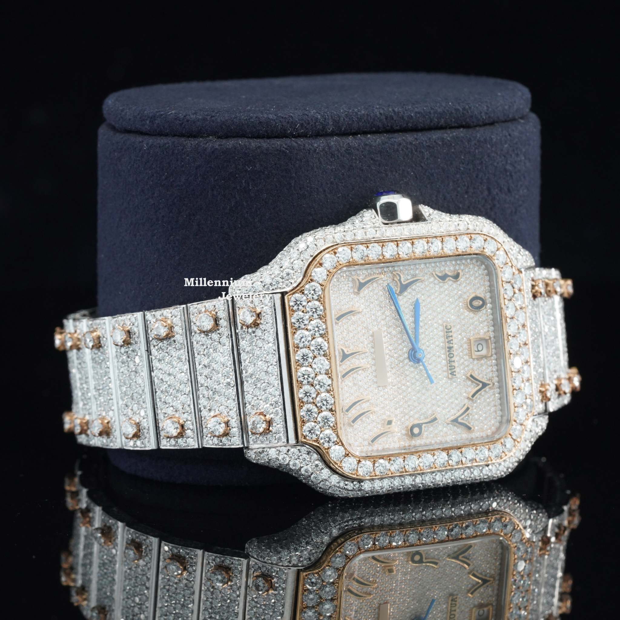 Arabic Number Iced Out Automatic Moissanite Watch For Men With Diamond Dial