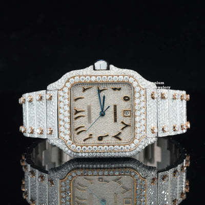 Arabian Number Iced Out Automatic Moissanite Diamond Watch With Diamond Rose Gold Color