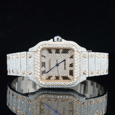 Vintage Style Fully Iced Out Automatic Moissanite Diamond Wrist Watch With Rose Gold Color