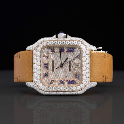 Luxury Brown Leather Belt Moissanite Diamond Iced Out Watch With Rose Gold Color 