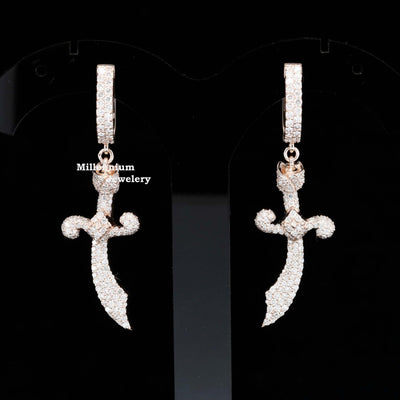 Knife Shape Fully Iced Out Moissanite Hip Hop Style Earring Rose Gold