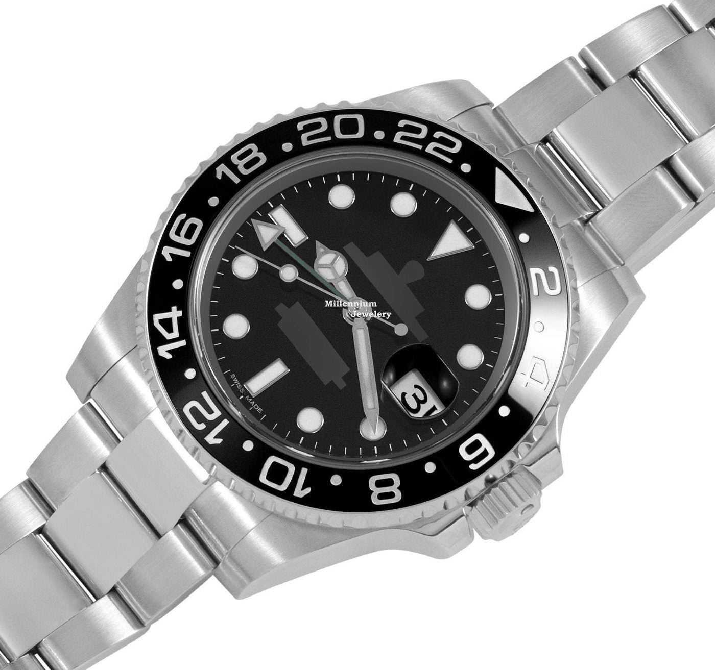 Business Style Oyster Bracelet Mens Regular Black And White Watch Side