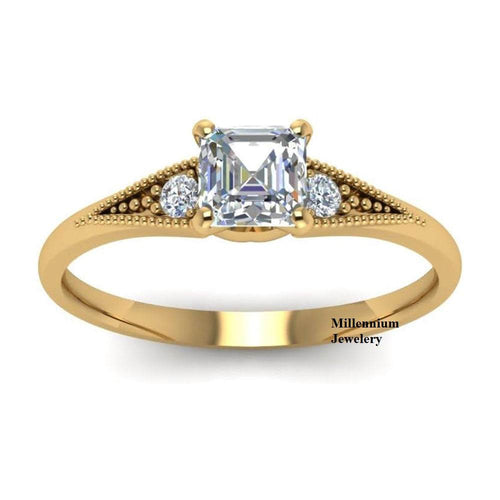 Milgrain 2.10ct Three Stone Asscher and Round Cut Moissanite Ring