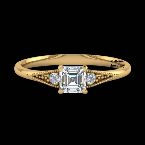 Milgrain 2.10ct Three Stone Asscher and Round Cut Moissanite Ring