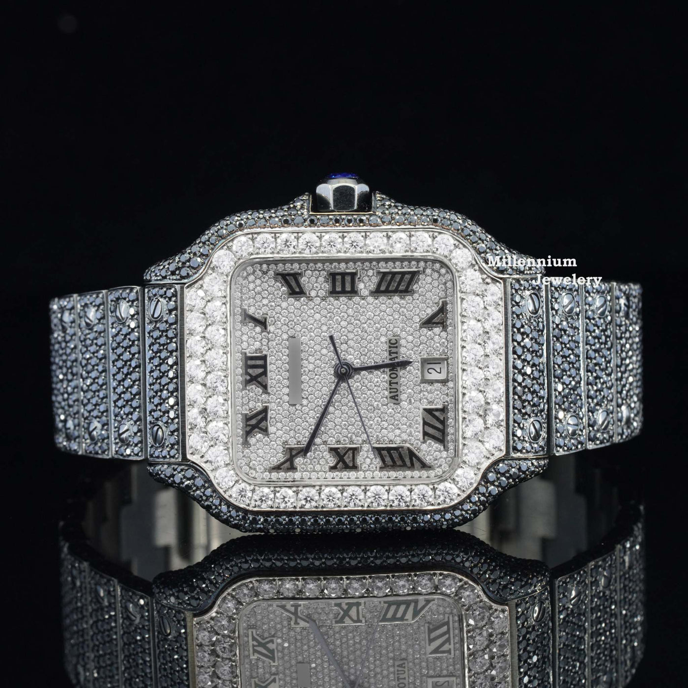 Fantastic Moissanite Diamond White And Jet Black Automatic Watch WIth White Gold Color