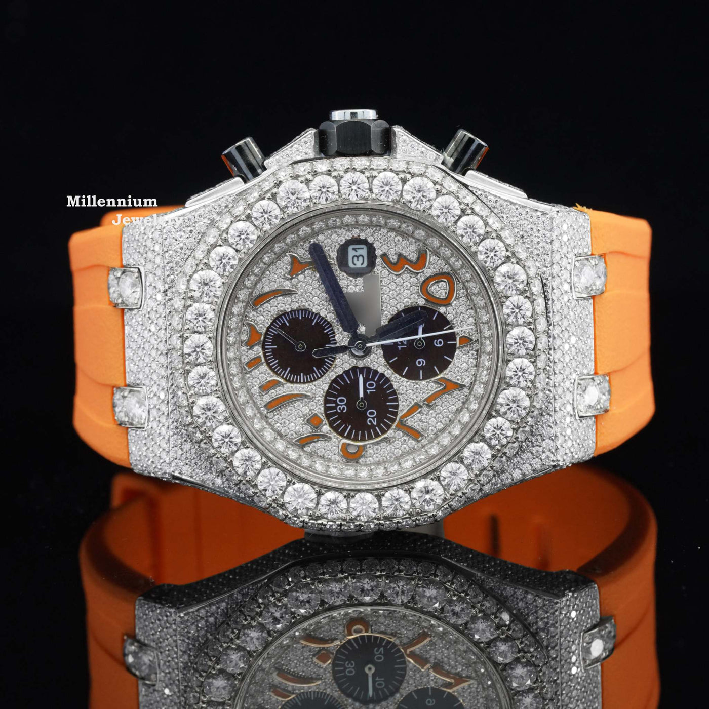 Moissanite Diamond Iced Out Orange Belt Chronograph Wrist Watch With White Gold Color