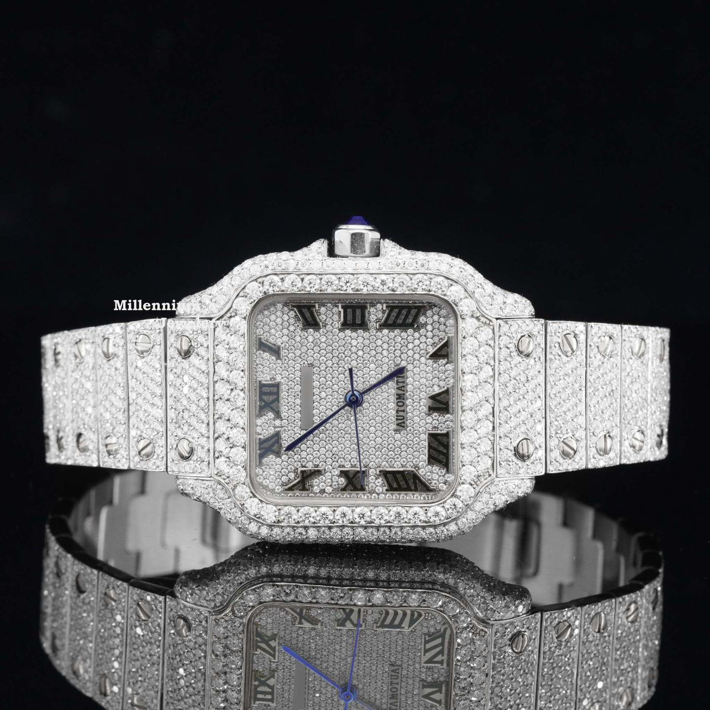 Vintage Style Fully Iced Out Automatic Moissanite Diamond Wrist Watch With White Gold Color