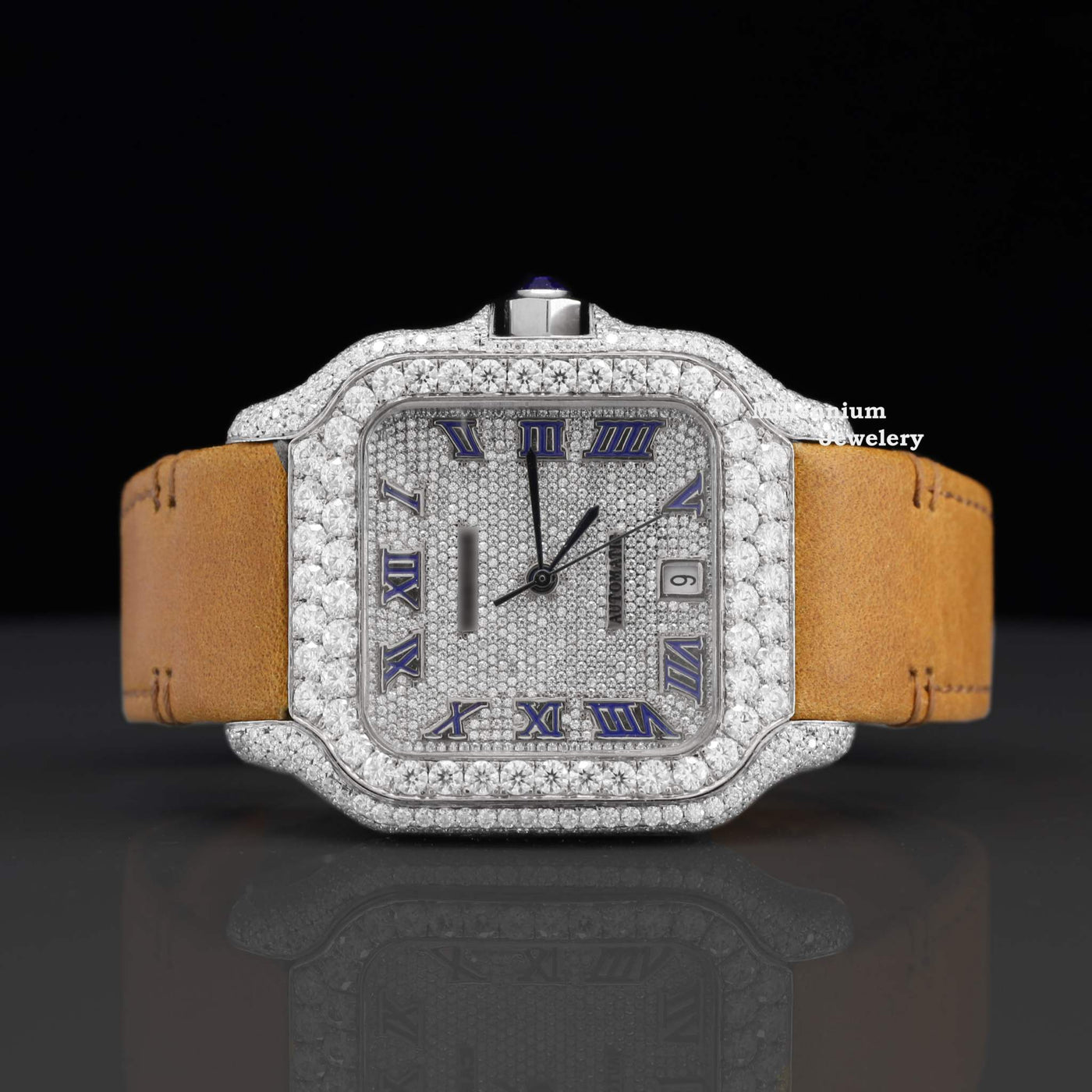 Luxury Brown Leather Belt Moissanite Diamond Iced Out Watch With White Gold Color