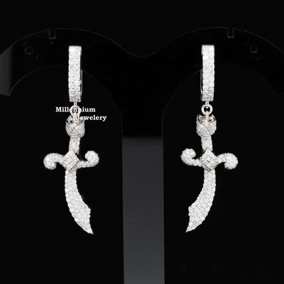 Knife Shape Fully Iced Out Moissanite Hip Hop Style Earring White Gold