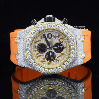 Moissanite Diamond Iced Out Orange Belt Chronograph Wrist Watch With Gold Color