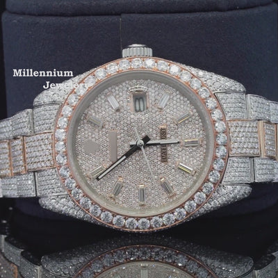 Fancy Two Tone Fully Diamond Iced Out Automatic Moissanite Watch Video