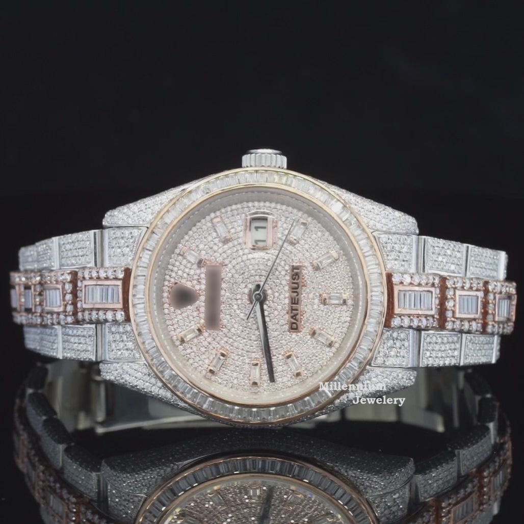 Classic Round & Baguette Iced Out Moissanite Diamond Automatic Watch Video