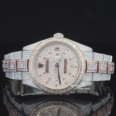 Classic Round & Baguette Iced Out Moissanite Diamond Automatic Watch Video